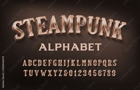 Steampunk alphabet font. 3d retro brass letters and numbers. Stock ...