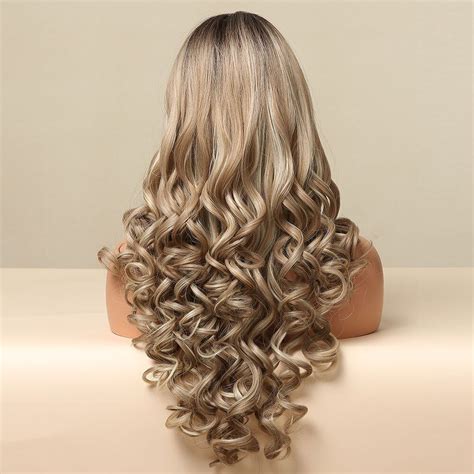 Long Loose Wave Synthetic Wigs Ombre Brown Champagne Blonde Wig For Women Heat Resistant Middle