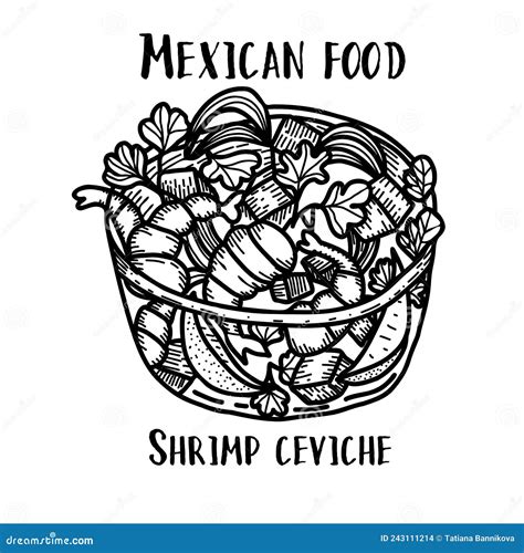 Mexican Food Shrimp Ceviche Hand Drawn Black And White Vector