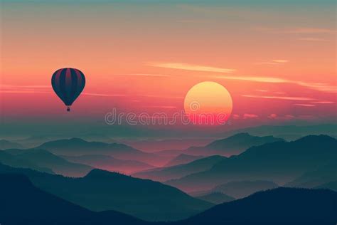 Hot Air Balloon Soaring At Sunrise In A Colorful Sky Adventure Concept