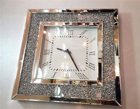 Gatsby Modern Diamante Crystal Mirror Glass Square Wall Clock Cm