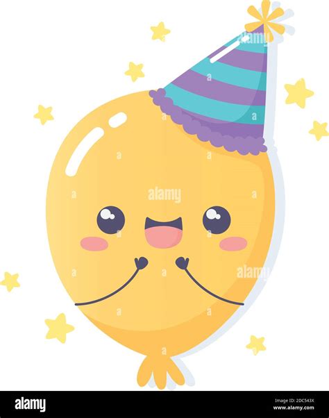 feliz cumpleaños globo kawaii con fiesta sombrero celebración dibujo