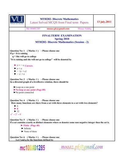 MTH202 Discrete Mathematics Latest Solved MCQs From VuZs