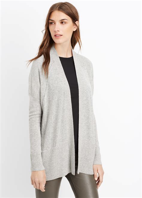 Vince Cashmere Pointelle Trim Open Front Cardigan In Gray Heather