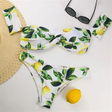 Womail Lemon Print Women Bathing Suit Sexy Off Shoulder Bikini Set