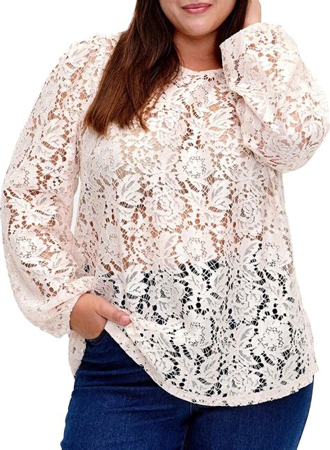 Imily Bela Womens Plus Size Tops Lace Puff Long Sleeve Shirts See