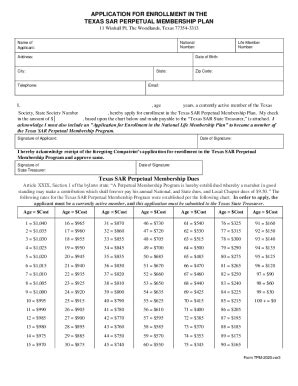 Fillable Online Application For Enrollment In The Texas Sar Perpetual