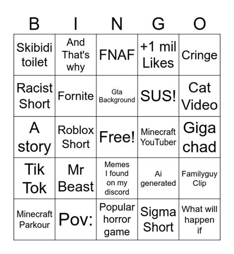 Youtube Shorts Bingo Card