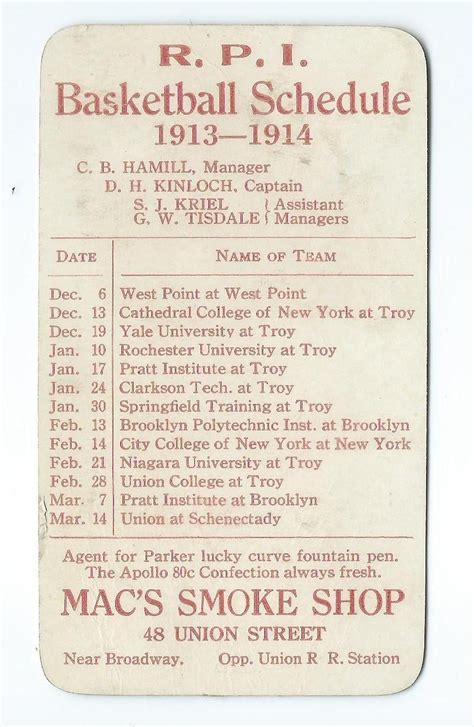 1913-1914 RPI Rensselaer Basketball Pocket Schedule : r/pics