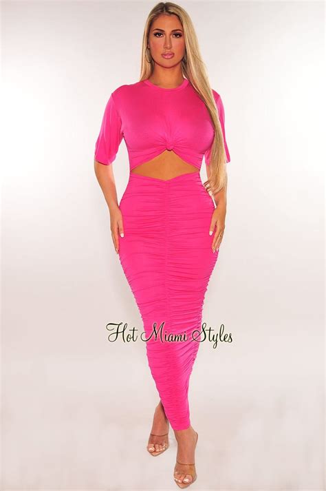 Hot Pink Short Sleeve Cut Out Ruched Maxi Dress Hot Miami Styles