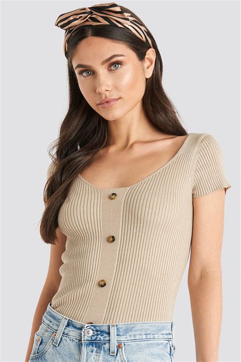 Ribbed Knitted Short Sleeve Top Beige Na Kd Fr