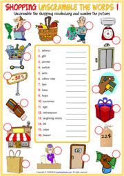 Shopping Vocabulary ESL Unscramble the Words Worksheets