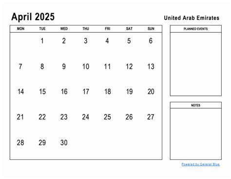 April 2025 Planner With United Arab Emirates Holidays