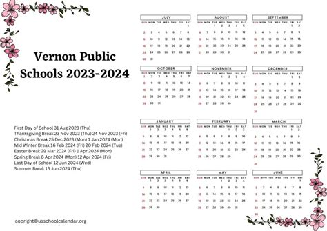 Vernon Public Schools Calendar with Holidays 2023-2024