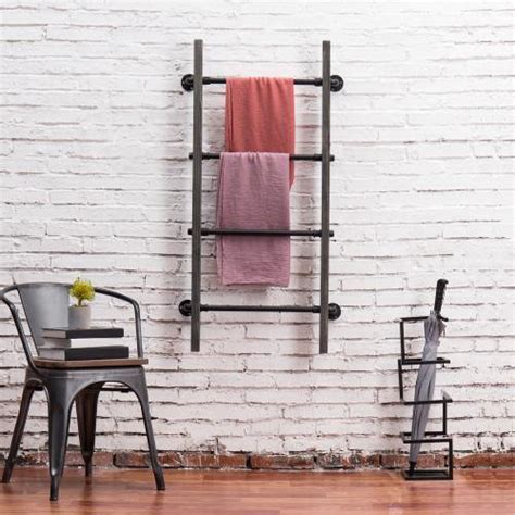 Gray Wood & Industrial Metal Pipe Wall Mounted Towel Ladder Rack – MyGift