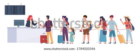 Tourists Queue Air Flight Check Passengers Registration Airport Terminal Waiting Plane Departure