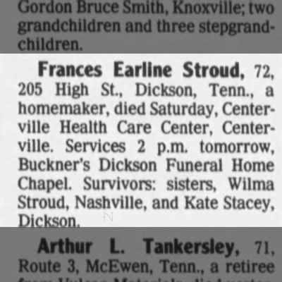 Obituary For Frances Earllne Stroud Aged 72 Newspapers