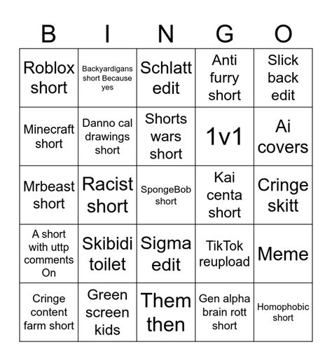 Sanic99 Youtube Shorts Bingo Card