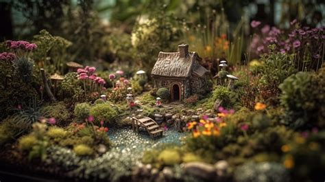 Premium AI Image | A miniature garden with a house and a pond