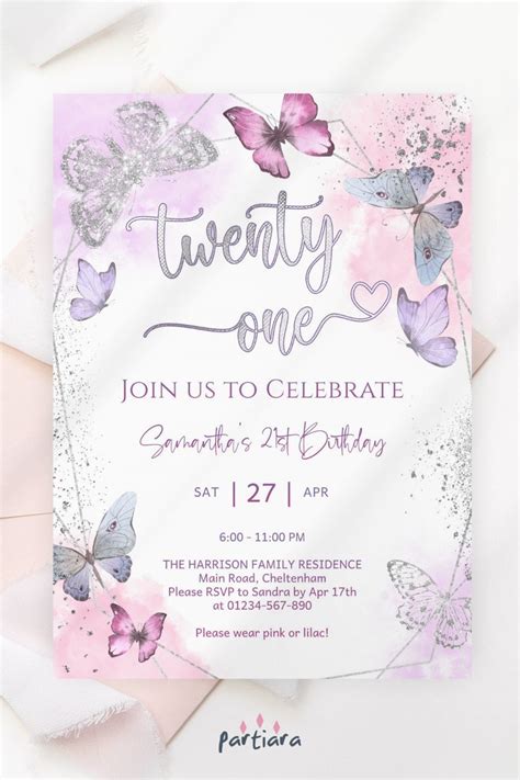 Lilac Pink Butterfly 21st Birthday Invitation Printable Ladies Etsy