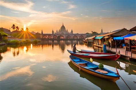 Premium Photo | A boat on the water at sunset