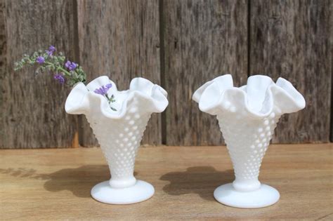 Pair Of Small Trumpet Horn Vases Vintage Fenton Hobnail Milk Glass