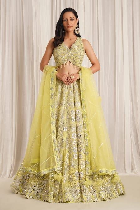 Buy Green Organza Embroidered Sequin V Neck Lehenga Set For Women By