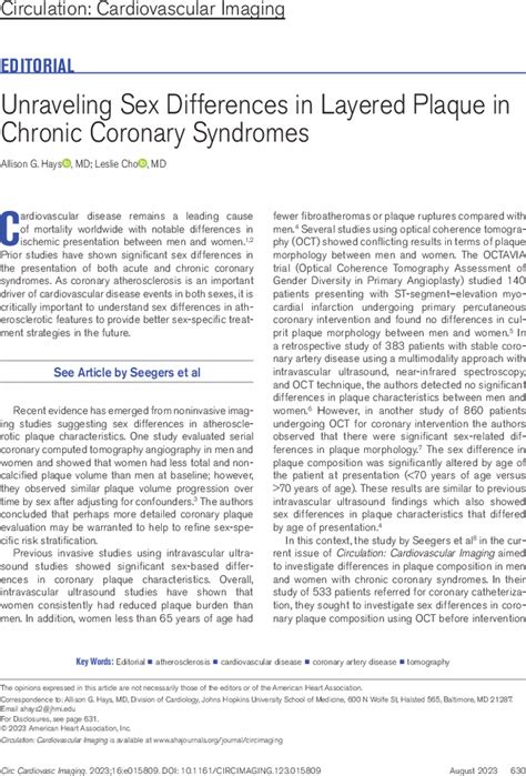 Unraveling Sex Differences In Layered Plaque In Chronic Coronary Syndromes Circulation