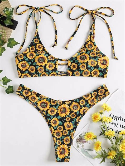 2018 Sexy Swimwear Beach Suit Sunflower High Cut Bikini Set Bathing