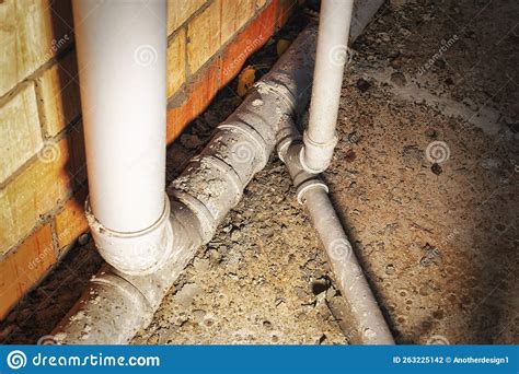 Sewer Pipes In Home Basement System Of Gray Sanitary Pipes When