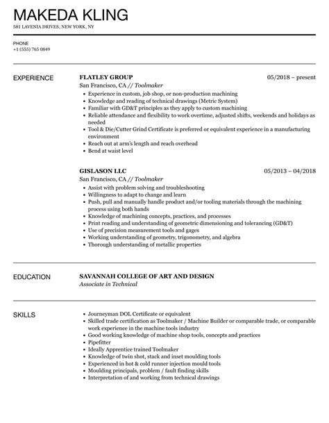 Toolmaker Resume Samples Velvet Jobs