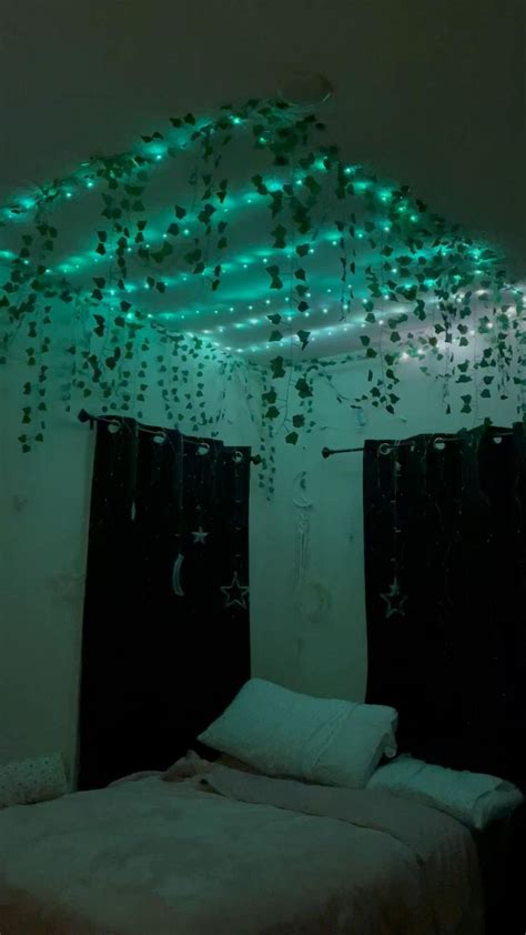 Fairy lights color changing above bed with vines | Bedroom makeover ...