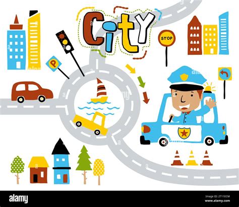 Vector Of Cityscape Elements Cartoon With Funny Cop On Car Stock Vector