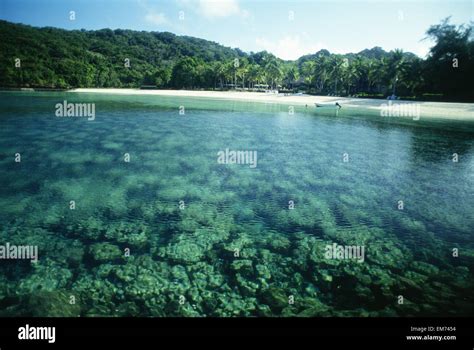 Micronesia Shallow Coral Reef Visible In Lagoon And Pacific Resort Set