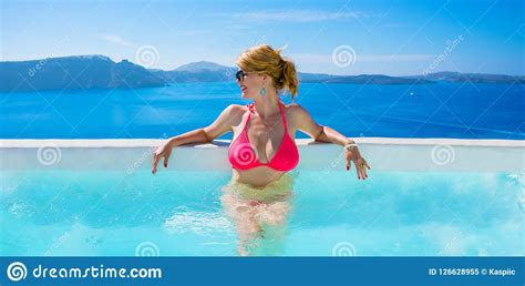 Woman In Bikini Relaxing In Luxury Outdoor Pool Stock Image Image Of