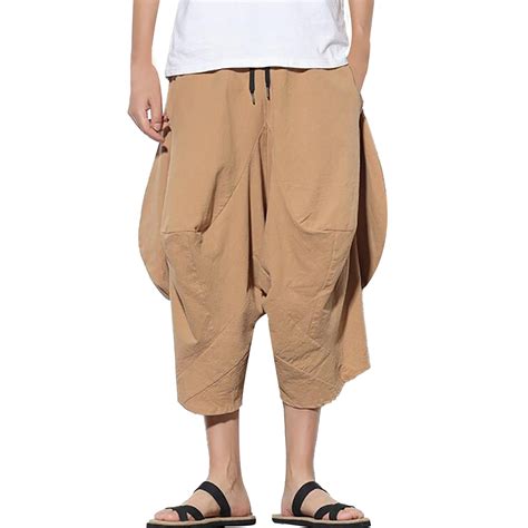 Yuhaotin Baggy Cargo Pants Men Cotton Linen Capri Pants Baggy Harem Pants Drawstring Yoga Beach