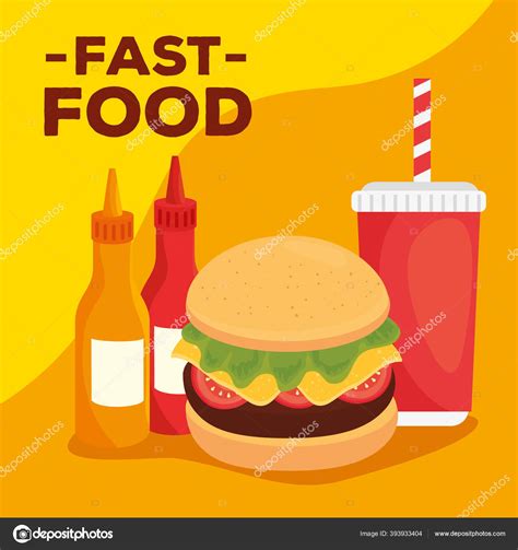 Fast Food Lunch Or Meal Hamburger With Beverage And Bottles Sauce