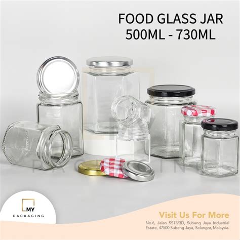 Hexagon Food Glass Jar 500ml 730ml Black Gold Silver Red Aluminium Cap My Packaging