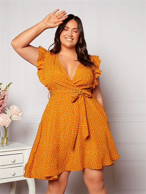 Shein Vcay Plus Polka Dot Ruffle Trim Belted Dress Plus Size Short