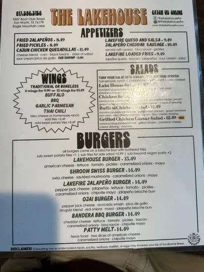 The Lakehouse Menu Fort Worth Tx Checkle