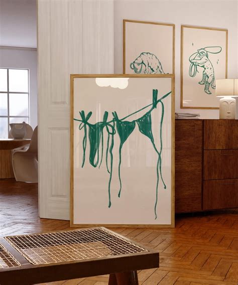 Kna Prints Bikini Hanging On Line Art Print Green Wall Art Retro Print Trendy Wall Art Modern