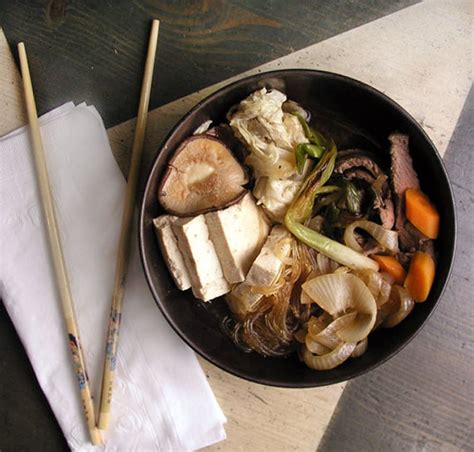 Sukiyaki Japanese Hot Pot With Beef Tofu Rice Noodles And Vegetables