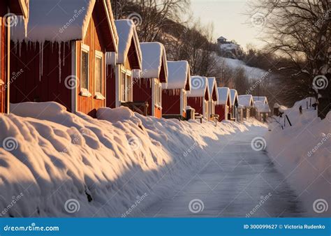 Red Cabins in Norwegian Winter Landscape Stock Image - Image of village ...