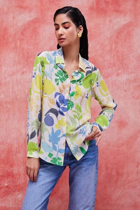 Buy Multi Color Silk Crepe Printed Floral Straight Irene Classic Shirt