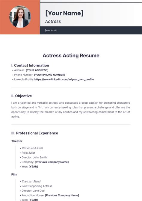 Free Actress Acting Resume Template to Edit Online