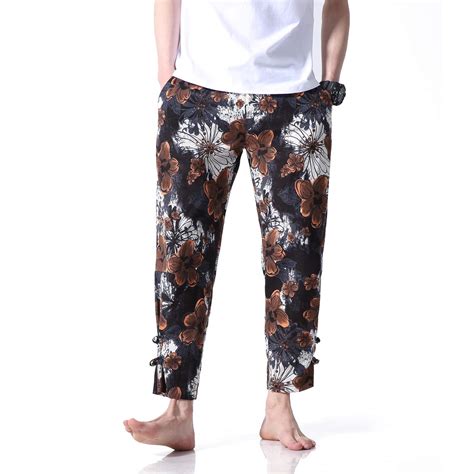 Helisopus Mens Casual Cotton Linen Pants Basic Floral Printing Drawstring Mid Waist Cropped