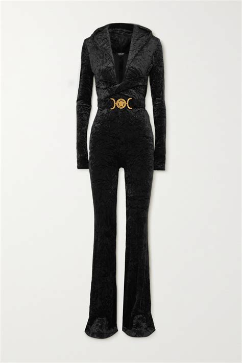 Versace Hooded Belted Crushed Velvet Jumpsuit In Black Lyst