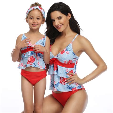 High Waisted Off Shoulder Ruffled Printed Mommy And Me Bikini Set Girls