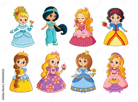 Beautiful Set With Cartoon Princesses Vector Illustration With Girls