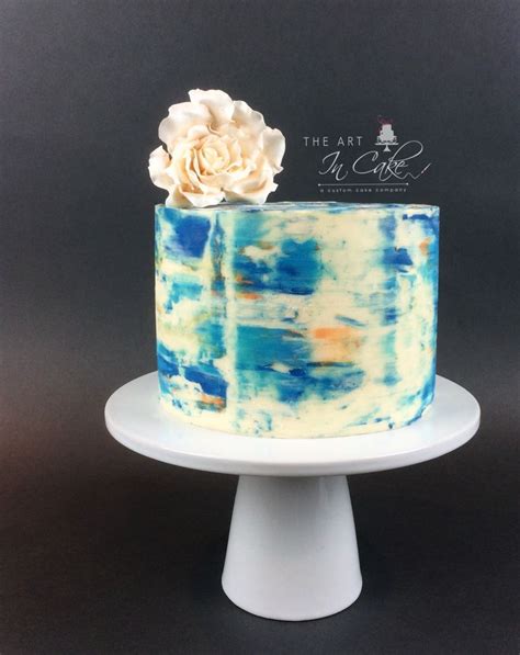 Single Tier Abstract Watercolor Cake In Buttercream In Shades Of Blue